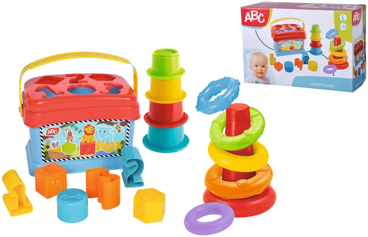 ABC kolmen vauvalelun setti: muodontunnistuslaatikko, pinottava rengastorni ja kuppitorni