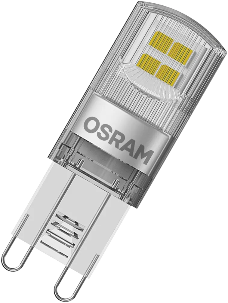 Osram LED PIN 1,9W/2700K G9 ei-himmennettävä kirkaskupuinen LED-pienoislamppu. Kupu muovia. Valovirta 200 lm (vastaa 20 W:n hehkulamppua). Pakkaus sisältää kaksi lamppua. - 2