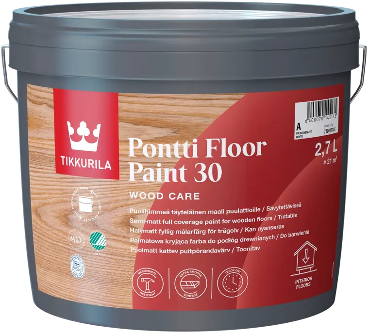 Tikkurila puulattiamaali Pontti Floor Paint 30 2,7l A valkoinen sävytettävissä