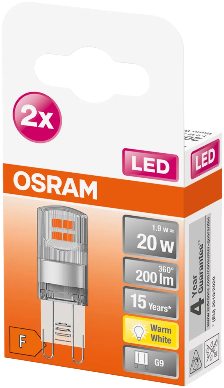 Osram LED PIN 1,9W/2700K G9 ei-himmennettävä kirkaskupuinen LED-pienoislamppu. Kupu muovia. Valovirta 200 lm (vastaa 20 W:n hehkulamppua). Pakkaus sisältää kaksi lamppua. - 3