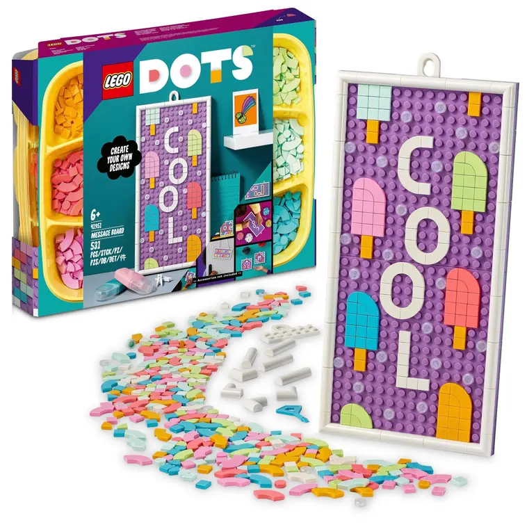 LEGO® DOTS Viestitaulu 41951 Askartelusetti; Värikkäitä laattoja sisältävä muunneltava lelu sopii yli 6-vuotiaille lapsille (531 osaa)