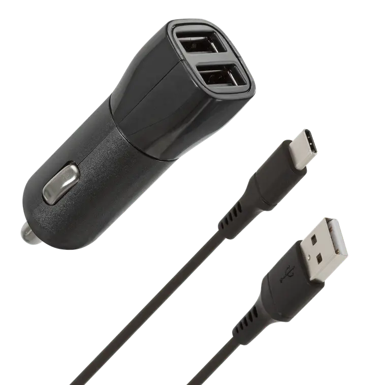 Wave Autolaturi, 2 x USB + USB Type-C kaapeli (15,5W), Musta