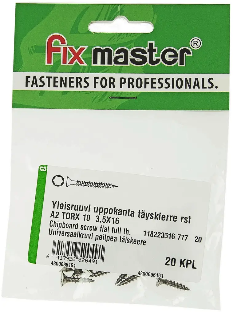 Fix Master yleisruuvi uppokanta täyskierre 3,5X16 torx10 A2 20kpl
