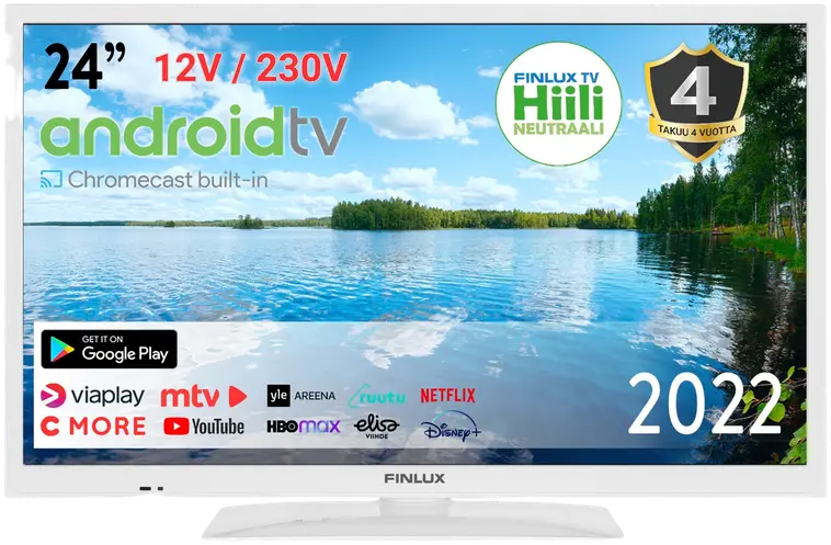 Finlux televisio 24-FAWF-8051-12 24" HD Ready Android Smart TV, 12V ja 230V jännite, valkoinen