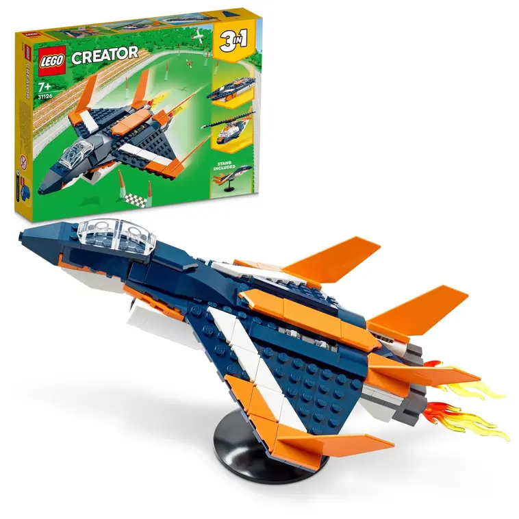LEGO® Creator 3in1 Yliäänikone 31126 Rakennussarja, jonka osista voi rakentaa yliäänikoneen, helikopterin tai pikaveneen, yli 7-vuotiaille lapsille (215 osaa)