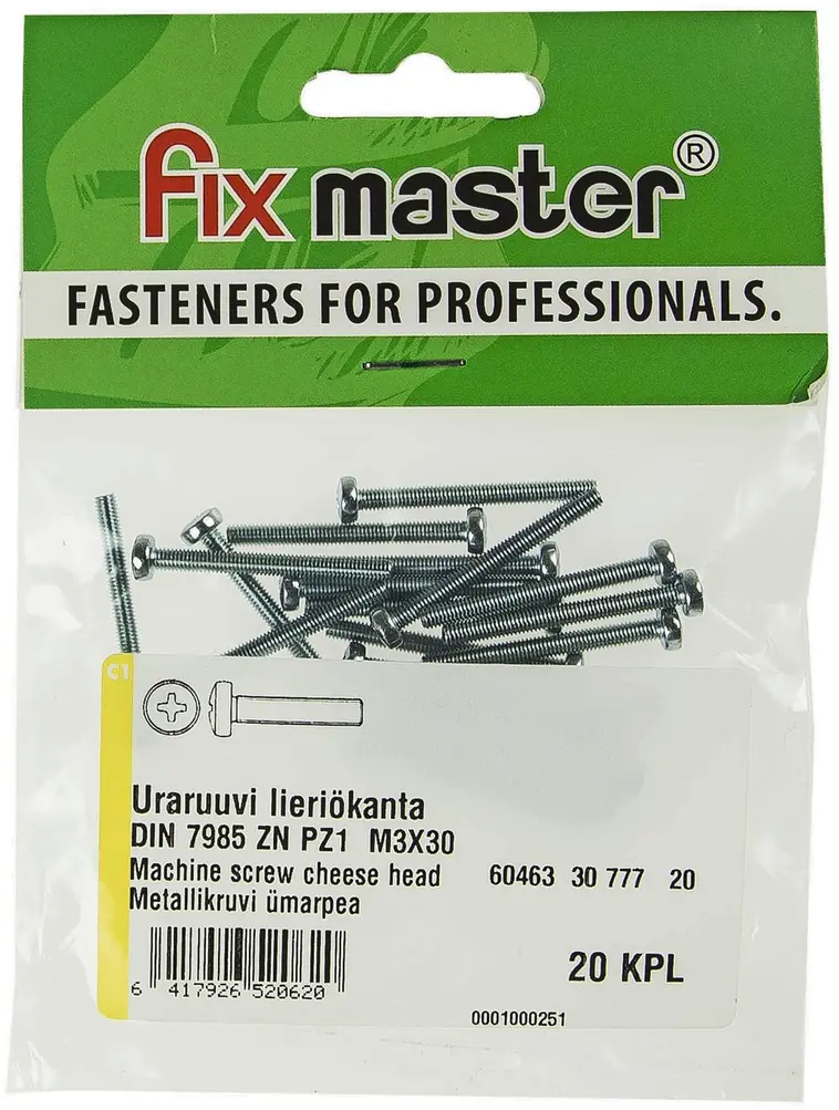 Fix Master uraruuvi kupukanta PZ1 M3X30 sinkitty 20kpl
