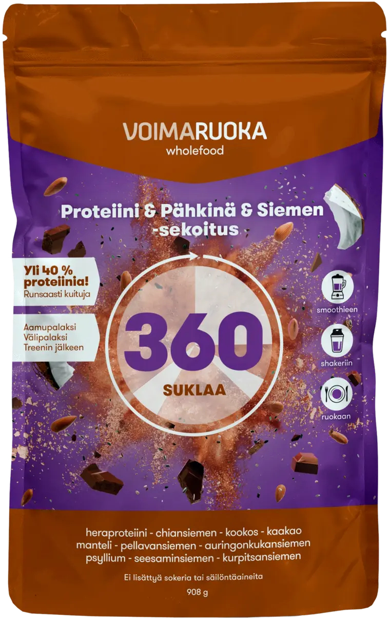 Voimaruoka 360 Wholefood suklaan makuinen proteiini-pähkinä-siemensekoitus 908g