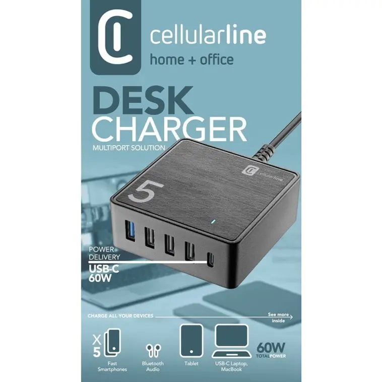 Cellularline Desk 5 on 5-porttinen 60W laturi USB-C kannettaville tietokoneille, MacBookille, älypuhelimille ja tableteille - 2
