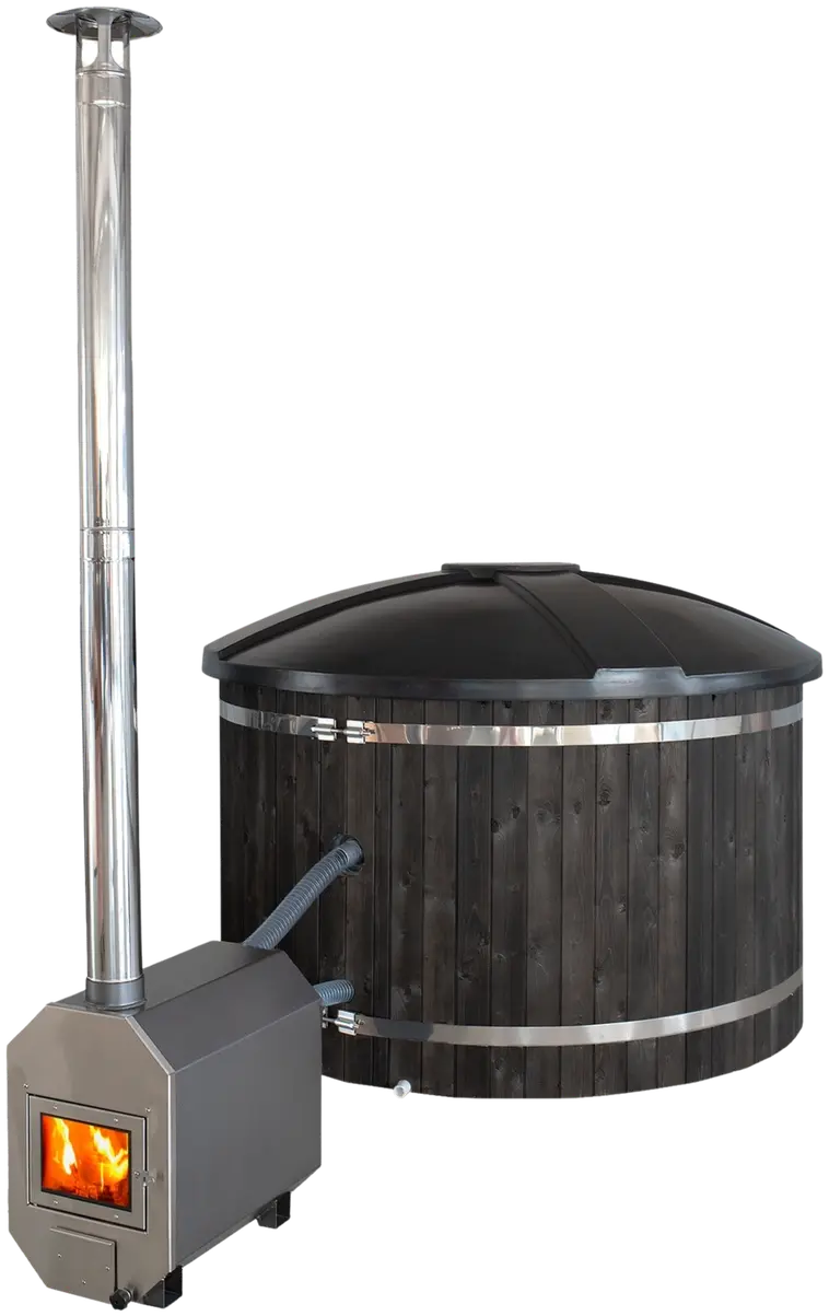 PW-SPA tee-se-itse kylpytynnyri 30 kW kamiinalla , sisältää kannen. Ulkovuoraus musta, sisäosa tummanharmaa ja kansi musta.