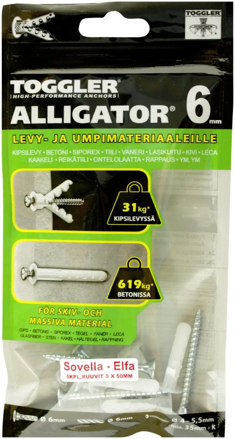 Toggler Alligator AF6-5S kiinnike laipalla 6mm Sovella 5kpl + ruuvit