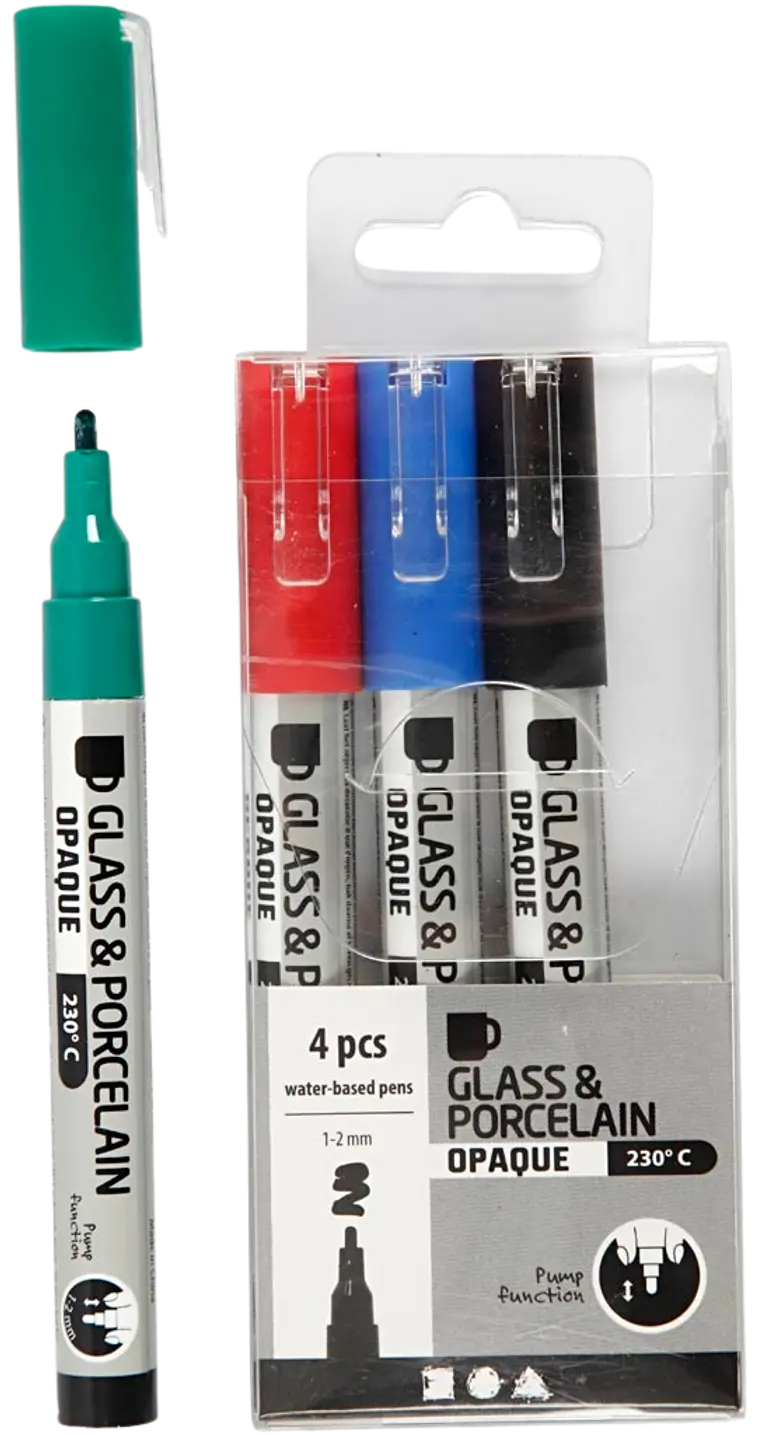 Lasi- ja posliinitussi, musta, sininen, vihreä, punainen, paksuus 1-2 mm,  läpikuultavat, 4 kpl/ 1 pkk | Prisma verkkokauppa