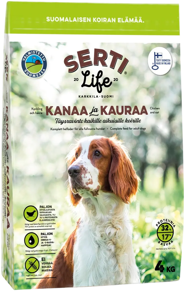 Serti Life Kanaa ja kauraa, kotimainen täysravinto kaikille aikuisille koirille.