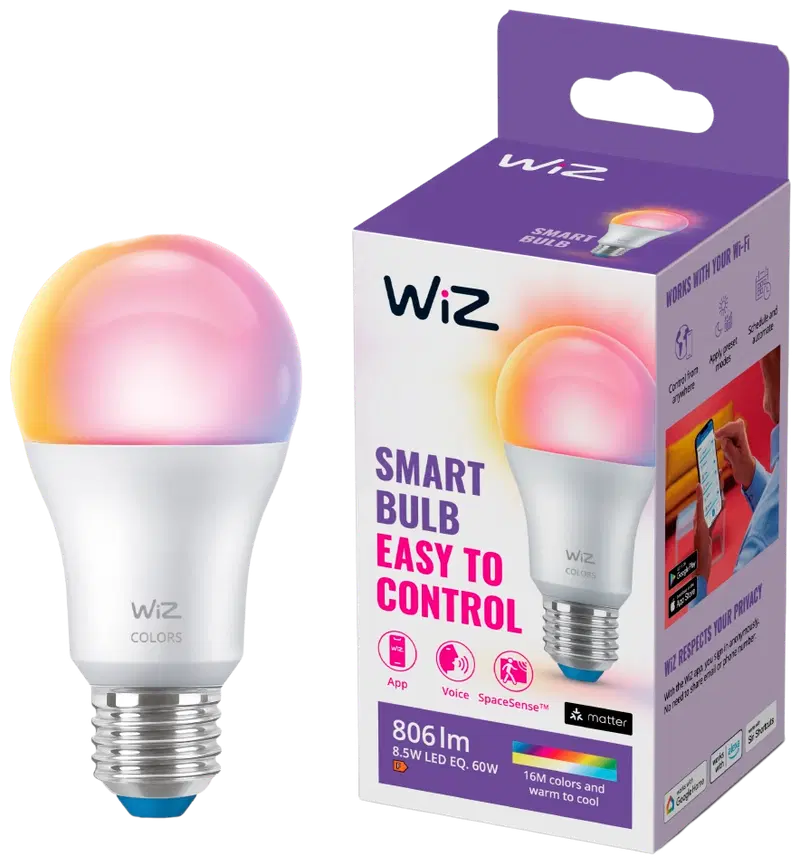 Умная лампа WiZ E27 A60 8,5 Вт Цвет Wi-Fi (цвет RGB)