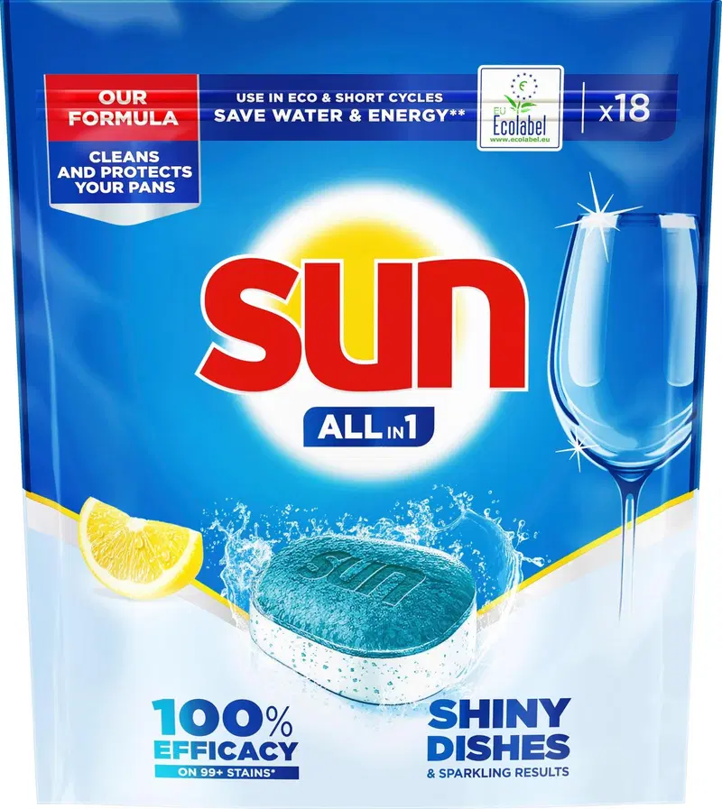 Таблетки для посудомоечной машины Sun Lemon All-in-1 с экологической этикеткой, 18 шт.