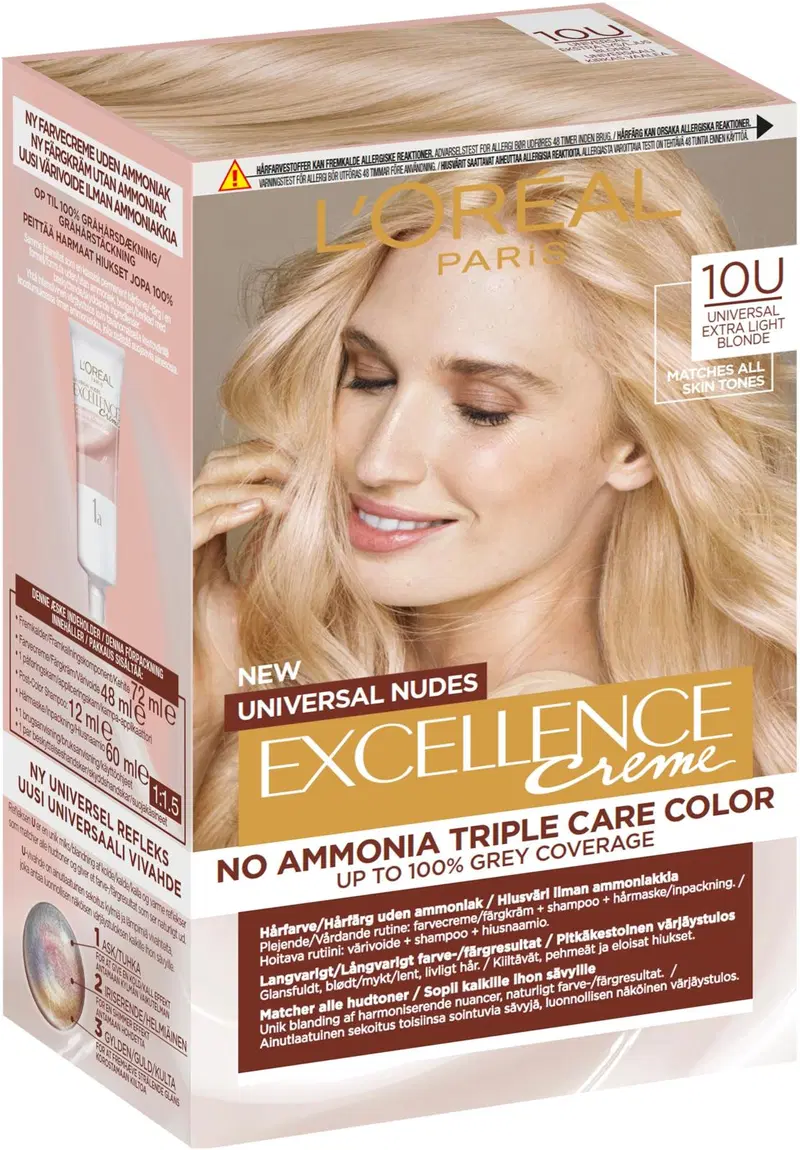 L'Oréal Paris Excellence Creme Universal Nudes 10U Universal Самый светлый блондин перманентный цвет без аммиака 1шт (цвет очень яркая блондинка)