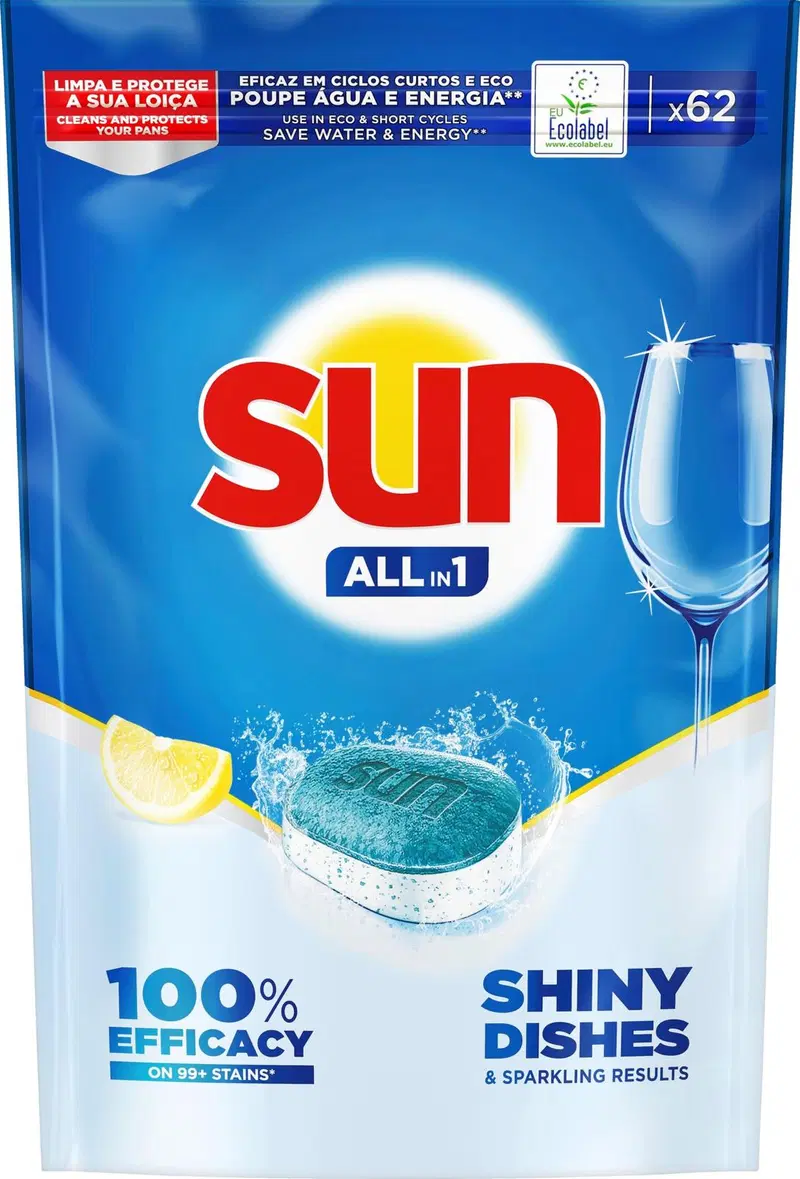 Таблетки для посудомоечной машины Sun Lemon All-in-1 с экологической этикеткой, 62 шт.