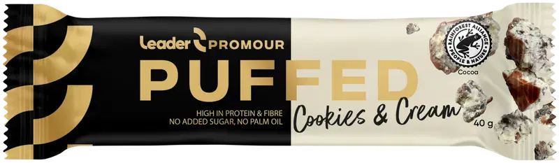Протеиновый батончик Leader Promour Puffed Cookies & Cream со вкусом печенья и сливок, рисового шоколада, 40 г