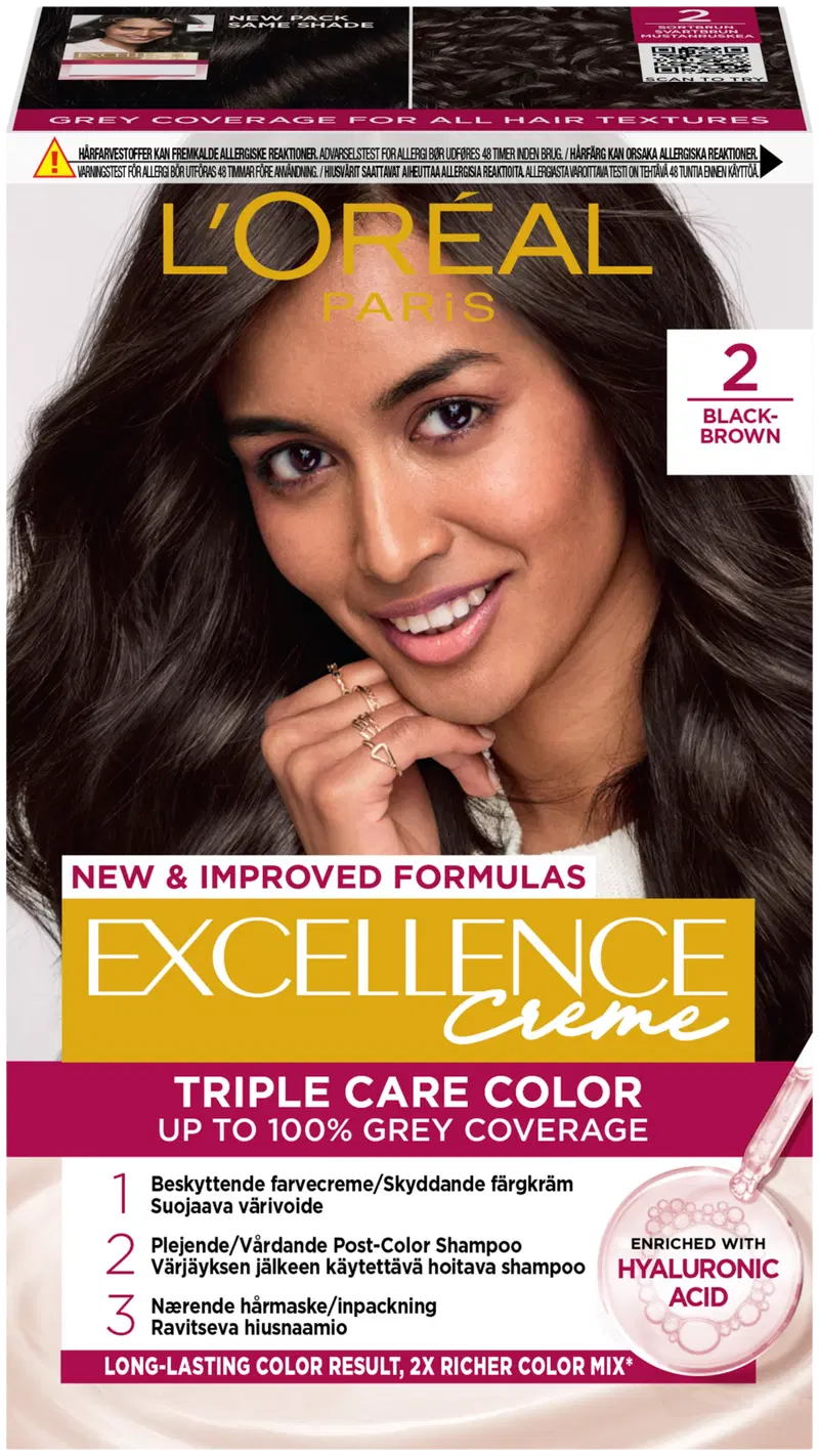 L'Oréal Paris Excellence Creme 2 Черный Коричневый Черно-коричневый перманентный краситель 1шт (цвет Черный Коричневый)
