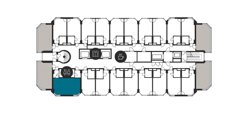 Floor plan showing multiple rooms, staircase, elevator, restrooms, coffee station and break area. Corridors are wide.