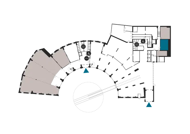 Floor plan showing a building level. Space has multiple rooms, corridors and doorway placements.