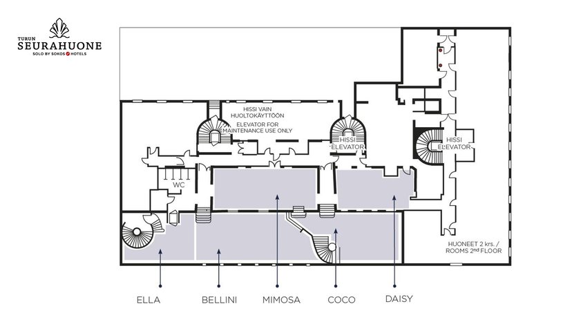 Silo Sokos Hotel Turun Seurahuone second floor plan showing five meeting and event room spaces, two elevators, three spiral staircases and restroom facilities.